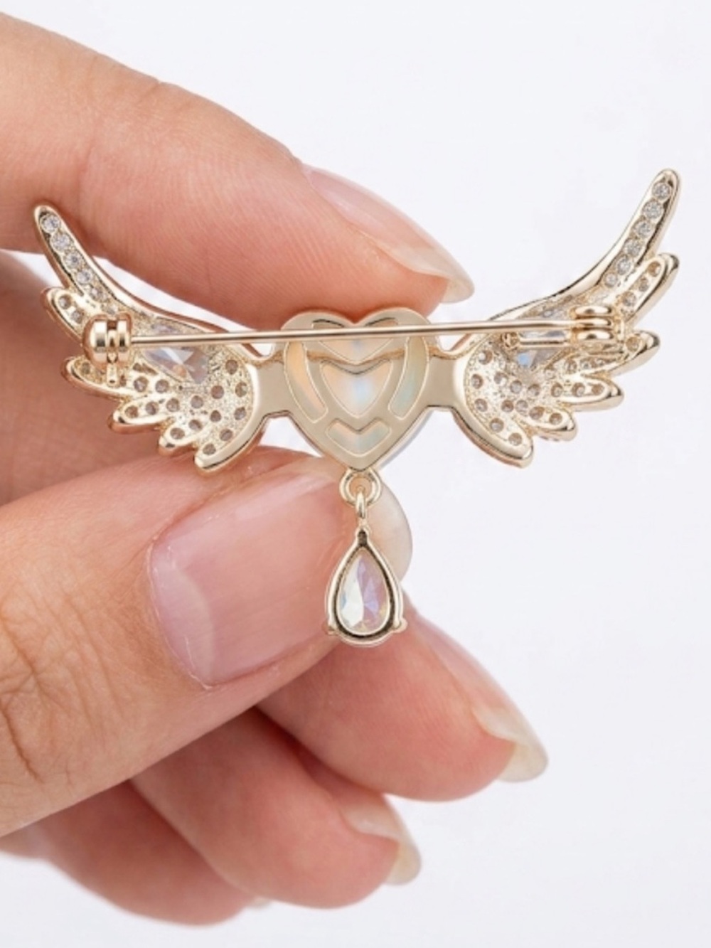 NWT Dainty Rhinestone Wing Brooch Pin Angelcore Crystal Heart Drop Dangle - Picture 3 of 7